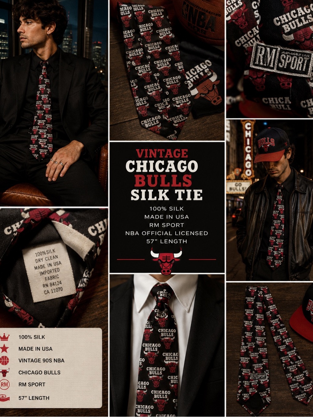 Vintage Chicago Bulls Silk Tie NBA Basketball Michael Jordan 90s RM Sport Fans